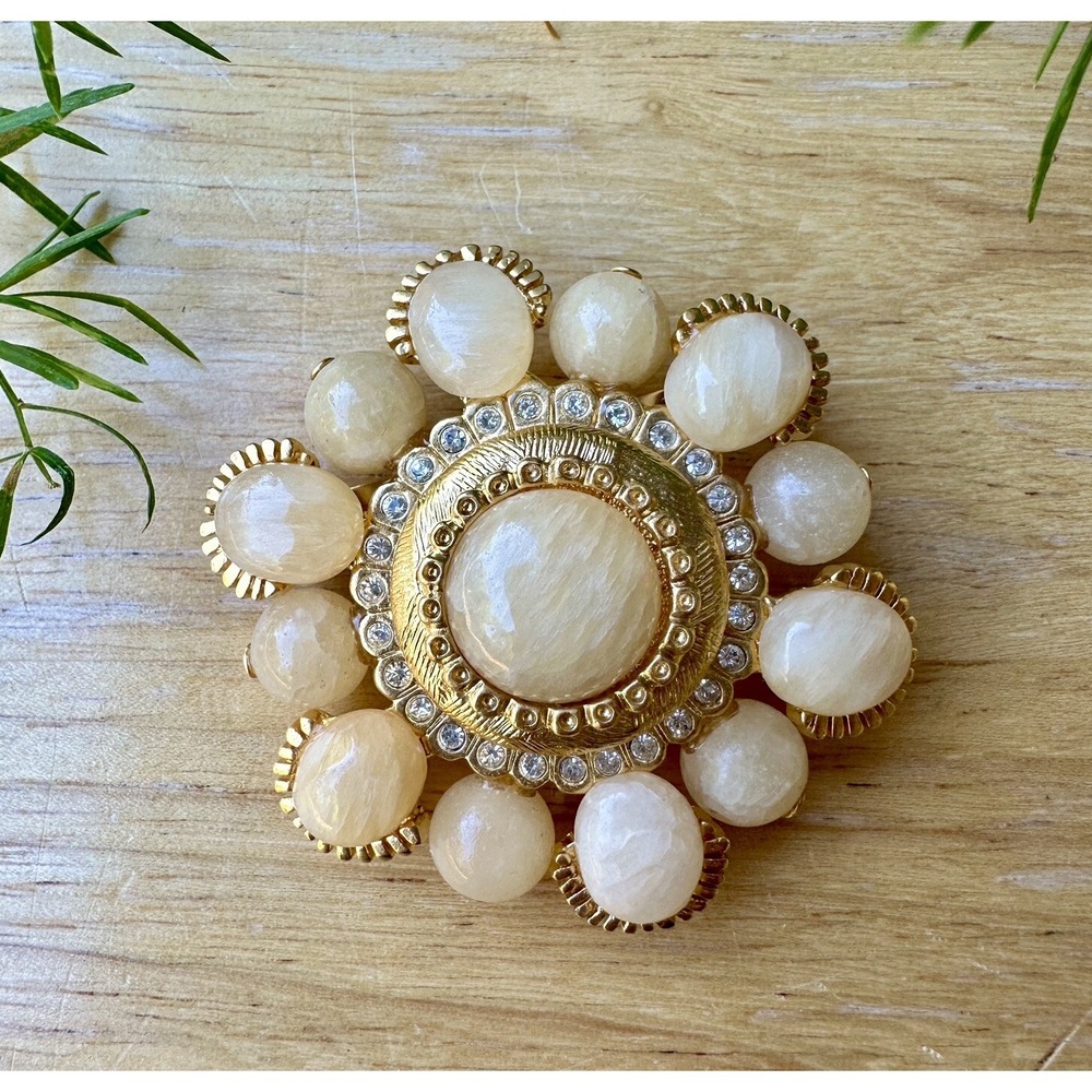 VTG St John Statement Flower Brooch Pin 2 Inch Honey Onyx Rhinestones Gold Tone